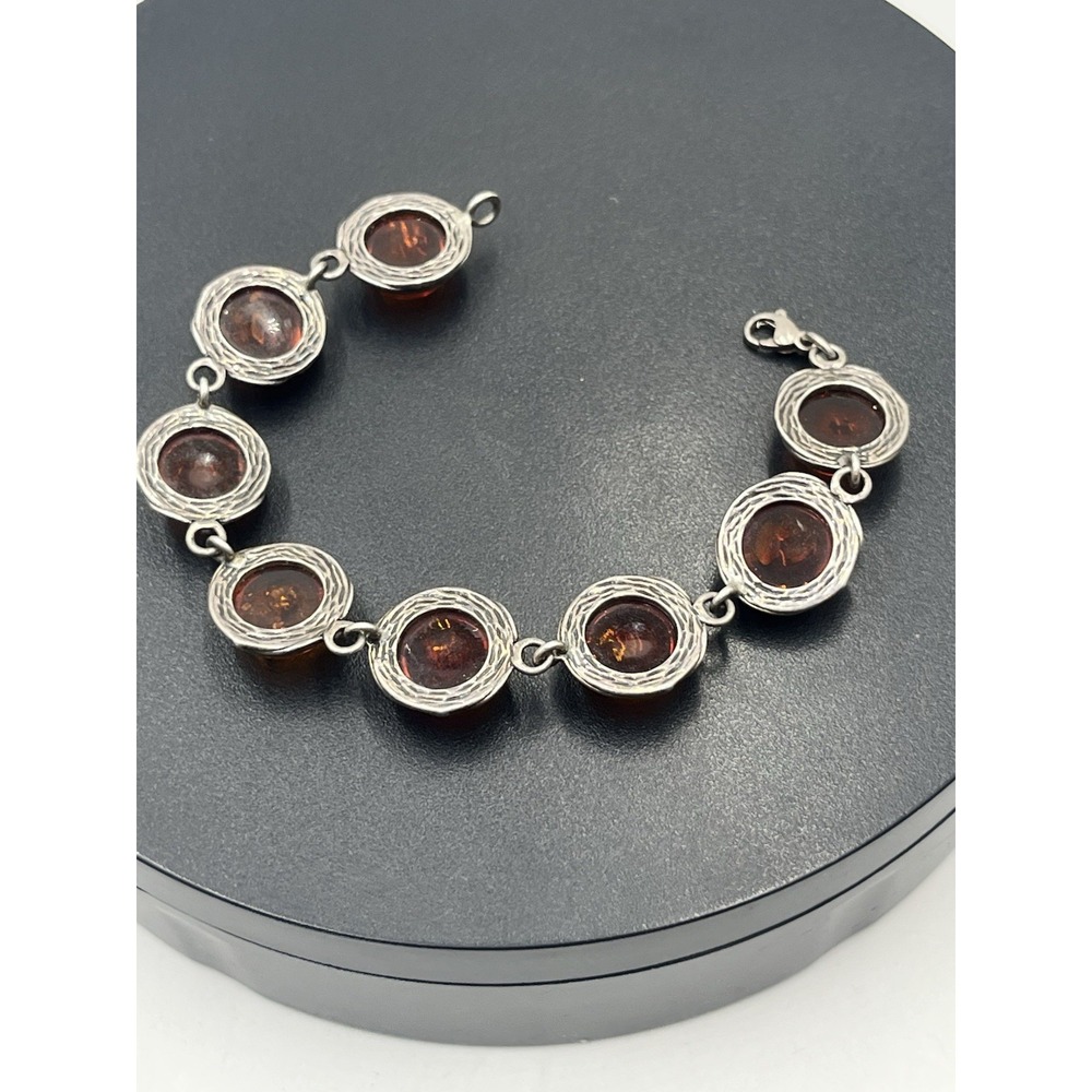 Vintage Sterling 925 Genuine Baltic Amber‎ Bezel Cabochon Setting Link Bracelet - Picture 9 of 13